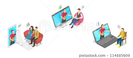 3D Isometric Flat  Conceptual Illustration of Online Psychologist, Anxiety and Stress Therapy 114885609