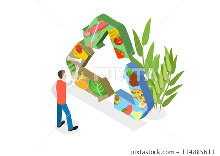 3D Isometric Flat  Conceptual Illustration of Food Waste Recycling, Trash Composting Process 114885611