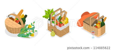 3D Isometric Flat  Set of Picnic Baskets , Food in Wicker Crates 114885622