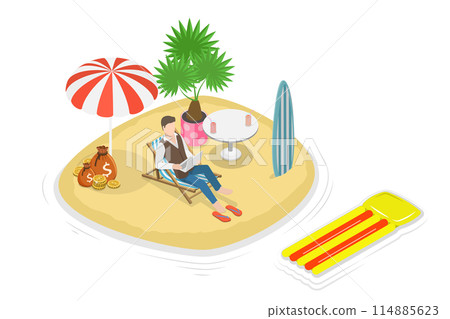 3D Isometric Flat Conceptual Illustration of Workcation, Work and Vacation at Remote Leisure Location 3D Isometric Flat Conceptual Illustration of Workcation, Work and Vacation at Remote Leisure Location 114885623