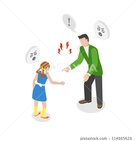 3D Isometric Flat  Conceptual Illustration of Arguing With A Child, Conflict Between Parents and Children 114885629