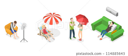 3D Isometric Flat  Set of Summer Heat, Overheating and Exhaustion 114885643