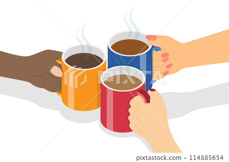 3D Isometric Flat  Conceptual Illustration of Cheers with Hot Beverage, Friends Gathering 114885654