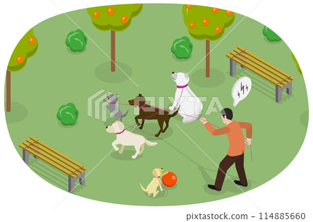 3D Isometric Flat  Conceptual Illustration of Walking with Dogs, Strolling with Pets on a Leash 114885660