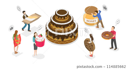 3D Isometric Flat  Conceptual Illustration of Sweet Snacks, Enjoying Fresh Confectionery 114885662