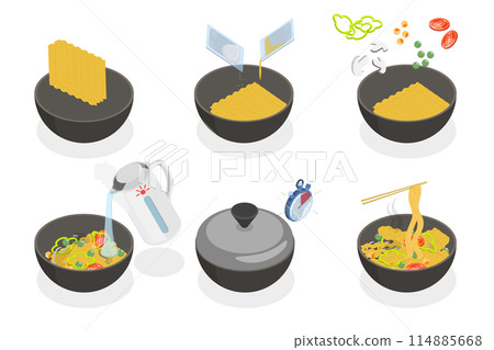 3D Isometric Flat  Conceptual Illustration of Noodle Recipe, How to Make Pasta 114885668
