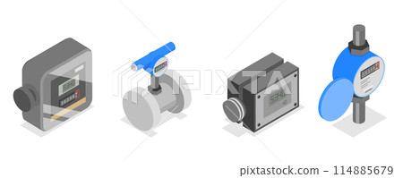 3D Isometric Flat  Set of Gas, Water And Electricity Measuring, Industrial and Household Meters 114885679