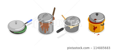 3D Isometric Flat Set of Dirty Pots, Kitchen Messy Stacks of Utensil 3D Isometric Flat Set of Dirty Pots, Kitchen Messy Stacks of Utensil 114885683