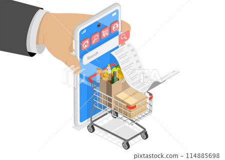 3D Isometric Flat Illustration of Online Supermarket, Grocery Delivery 3D Isometric Flat Illustration of Online Supermarket, Grocery Delivery 114885698