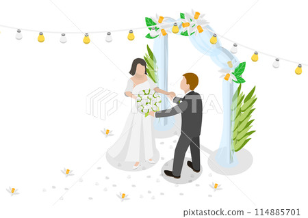 3D Isometric Flat  Illustration of Wedding, Married Couple with Floral Decoration 114885701
