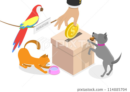 3D Isometric Flat Illustration of Pet Donation, Feeding Homeless Dogs and Cats 3D Isometric Flat Illustration of Pet Donation, Feeding Homeless Dogs and Cats 114885704