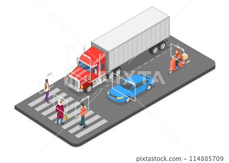 3D Isometric Flat Illustration of Vehicle Recognition, Artificial Intelligence Technology 3D Isometric Flat Illustration of Vehicle Recognition, Artificial Intelligence Technology 114885709