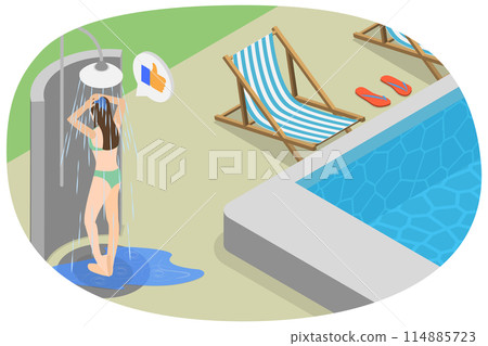 3D Isometric Flat  Illustration of Swimming Pool Shower, Summer Vacations and Seaside Relax 114885723