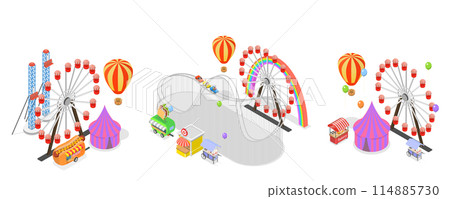3D Isometric Flat Set of Amusement Parks, Observation Wheel, Roller Coaster 3D Isometric Flat Set of Amusement Parks, Observation Wheel, Roller Coaster 114885730