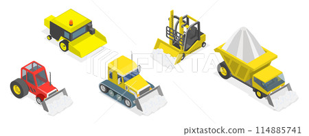 3D Isometric Flat Set of Different Snowplows, Snow Removal Vehicles 3D Isometric Flat Set of Different Snowplows, Snow Removal Vehicles 114885741