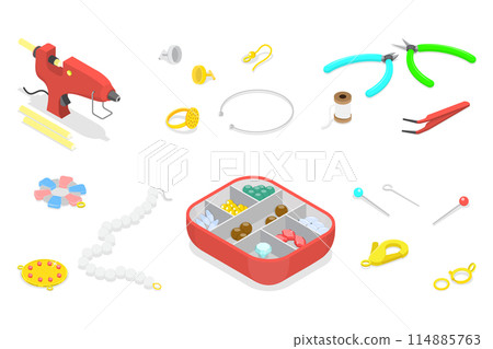 3D Isometric Flat  Illustration of Jewelry Making Tools, Beading Hobby Equipment 114885763