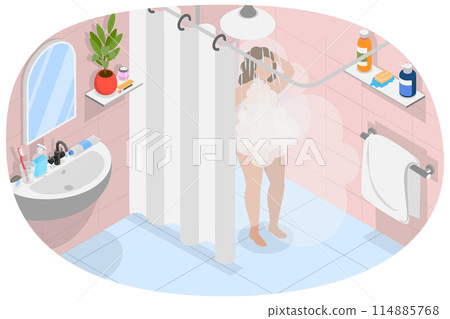3D Isometric Flat Illustration of Everyday Hygiene Procedure, Woman Washing at Bath 3D Isometric Flat Illustration of Everyday Hygiene Procedure, Woman Washing at Bath 114885768