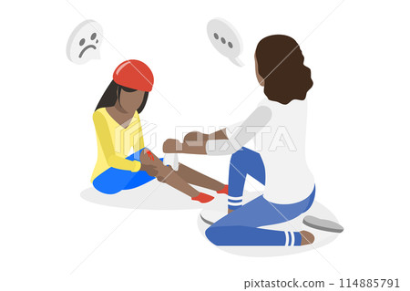 3D Isometric Flat Illustration of First Aid, Treating Childs Wound 3D Isometric Flat Illustration of First Aid, Treating Childs Wound 114885791