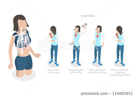 3D Isometric Flat Illustration of Costochondritis, Chest Pain in the Upper and Middle Rib Cage 3D Isometric Flat Illustration of Costochondritis, Chest Pain in the Upper and Middle Rib Cage 114885852
