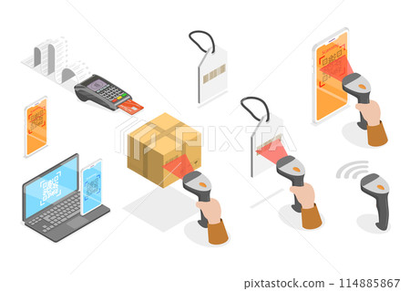 3D Isometric Flat Illustration of Smartphone Barcode Scanning App, Check Inventories Before Shipping 3D Isometric Flat Illustration of Smartphone Barcode Scanning App, Check Inventories Before Shipping 114885867