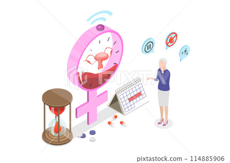 3D Isometric Flat Illustration of Menopause Symptoms, Women Climacteric 3D Isometric Flat Illustration of Menopause Symptoms, Women Climacteric 114885906
