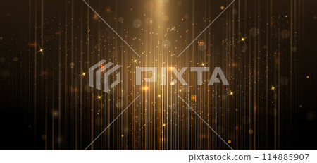 Abstract elegant gold glowing line with lighting effect sparkle on black background. Template premium award design. Abstract elegant gold glowing line with lighting effect sparkle on black background. Template premium award design. 114885907