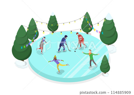 3D Isometric Flat Illustration of Family Skating And Playing Hockey, Winter Sport Activities 3D Isometric Flat Illustration of Family Skating And Playing Hockey, Winter Sport Activities 114885909