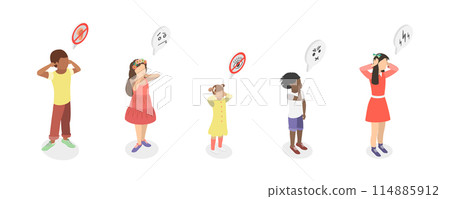3D Isometric Flat  Illustration of Play Peekaboo, Do not See, Speak and Hear 114885912