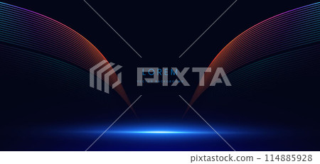 Abstract dark blue background with colorful lines waves. Shiny wave lines design element. 114885928