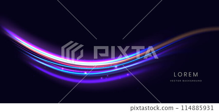Abstract futuristic glowing neon color curved light with speed motion moving on dark background. Abstract futuristic glowing neon color curved light with speed motion moving on dark background. 114885931