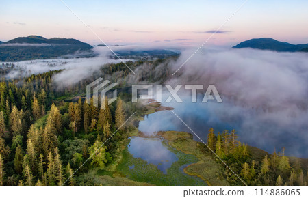 Aerial View of Canadian Nature on West Coast of Pacific Ocean. Aerial View of Canadian Nature on West Coast of Pacific Ocean. 114886065
