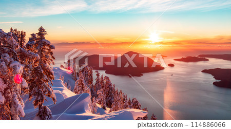 Canadian Mountain Landscape at Dramatic Sunset. Ocean Coast. Canadian Mountain Landscape at Dramatic Sunset. Ocean Coast. 114886066