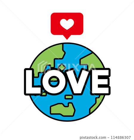Illustration of the Earth with the word LOVE and a like mark 114886307