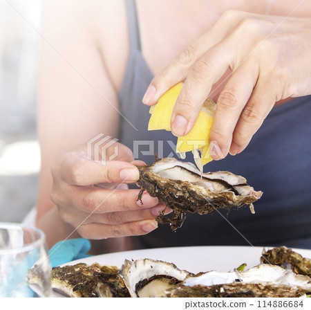 Woman eat oysters with lemon. Soft sunlight 114886684
