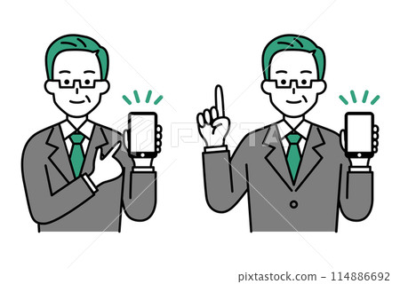 一群身穿西裝的中年男子拿著智慧型手機並解釋 一群身穿西裝的中年男子拿著智慧型手機並解釋 114886692