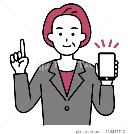 一名身穿西裝的中年婦女拿著智慧型手機解釋 一名身穿西裝的中年婦女拿著智慧型手機解釋 114886742