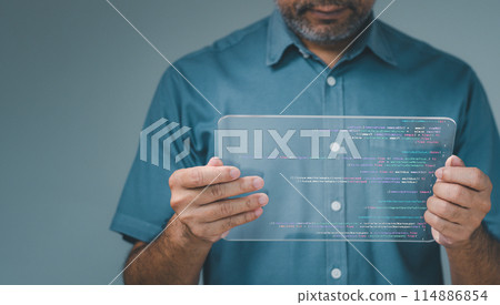 A man is holding a tablet with a screen displaying code 114886854