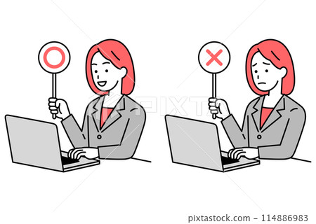 一位穿著西裝的女士在筆記型電腦上工作,獲得了○×分 一位穿著西裝的女士在筆記型電腦上工作,獲得了○×分 114886983