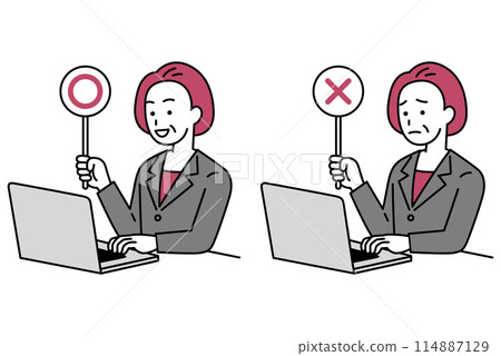 一位穿著西裝的中年婦女在筆記型電腦上工作,獲得了○×分 一位穿著西裝的中年婦女在筆記型電腦上工作,獲得了○×分 114887129