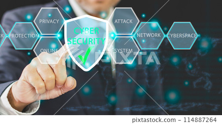 A man is pressing a button that says Cyber Security 114887264
