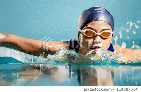 Watercolor painting of a female swimmer 114887314