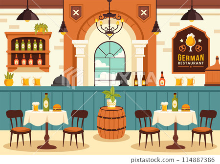 German Food Restaurant Vector Illustration featuring a Collection of Delicious Traditional Cuisine and Drinks on a Flat Style Cartoon Background 114887386