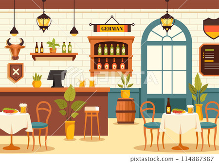 German Food Restaurant Vector Illustration featuring a Collection of Delicious Traditional Cuisine and Drinks on a Flat Style Cartoon Background 114887387