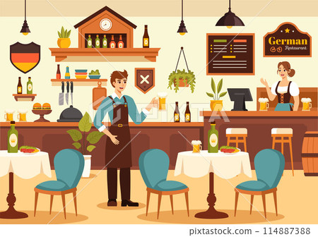 German Food Restaurant Vector Illustration featuring a Collection of Delicious Traditional Cuisine and Drinks on a Flat Style Cartoon Background German Food Restaurant Vector Illustration featuring a Collection of Delicious Traditional Cuisine and Drinks on a Flat Style Cartoon Background 114887388