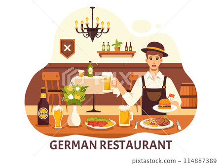 German Food Restaurant Vector Illustration featuring a Collection of Delicious Traditional Cuisine and Drinks on a Flat Style Cartoon Background German Food Restaurant Vector Illustration featuring a Collection of Delicious Traditional Cuisine and Drinks on a Flat Style Cartoon Background 114887389