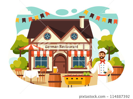 German Food Restaurant Vector Illustration featuring a Collection of Delicious Traditional Cuisine and Drinks on a Flat Style Cartoon Background German Food Restaurant Vector Illustration featuring a Collection of Delicious Traditional Cuisine and Drinks on a Flat Style Cartoon Background 114887392