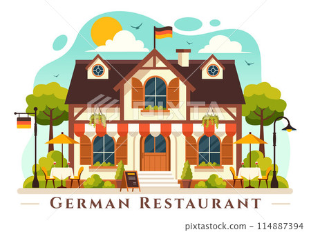 German Food Restaurant Vector Illustration featuring a Collection of Delicious Traditional Cuisine and Drinks on a Flat Style Cartoon Background 114887394