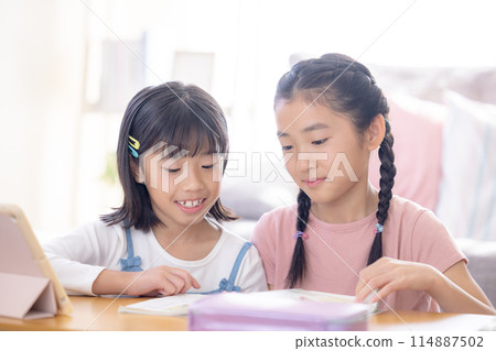 Sisters doing homework in the living room 114887502