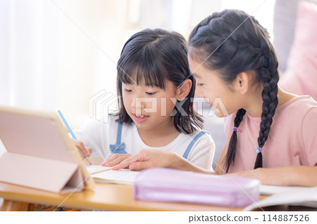 Sisters doing homework in the living room 114887526