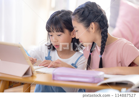 Sisters doing homework in the living room 114887527